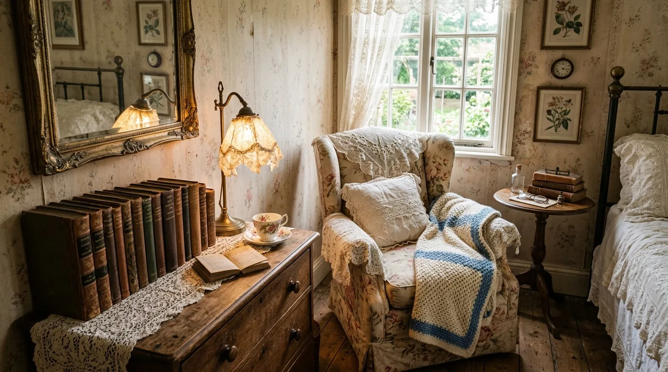 Use wallpaper to build a storybook atmosphere inspiration for a cottagecore bedroom.